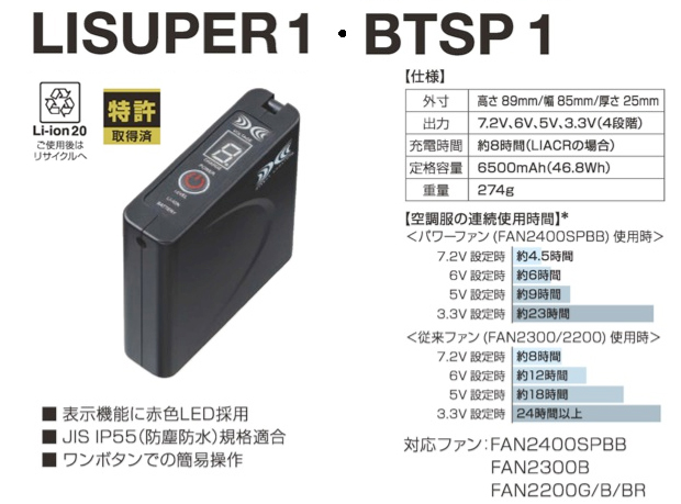 7.2V BTSP1空調服(R)バッテリー本体のみ[LISUPER1用]｜2024空調服(R 